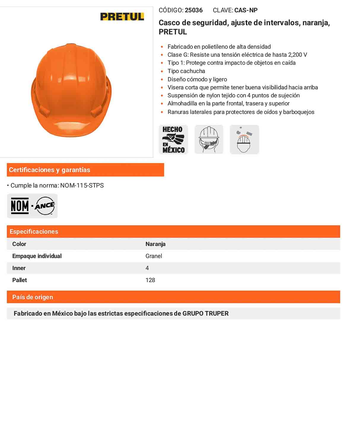 Casco de Seguridad Industrial con Ajuste por Intervalos  Naranja