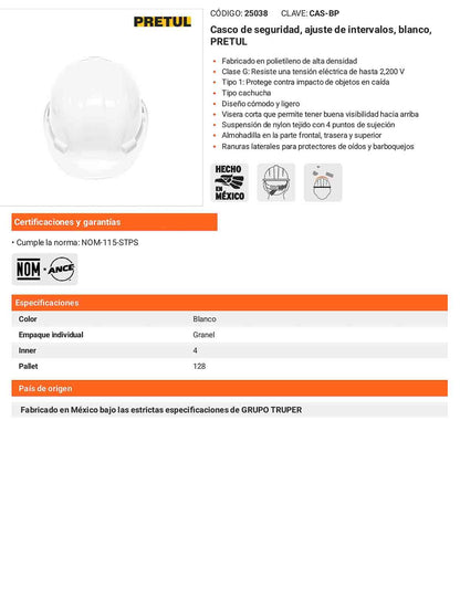 Casco de Seguridad Industrial con Ajuste por Intervalos Blanco
