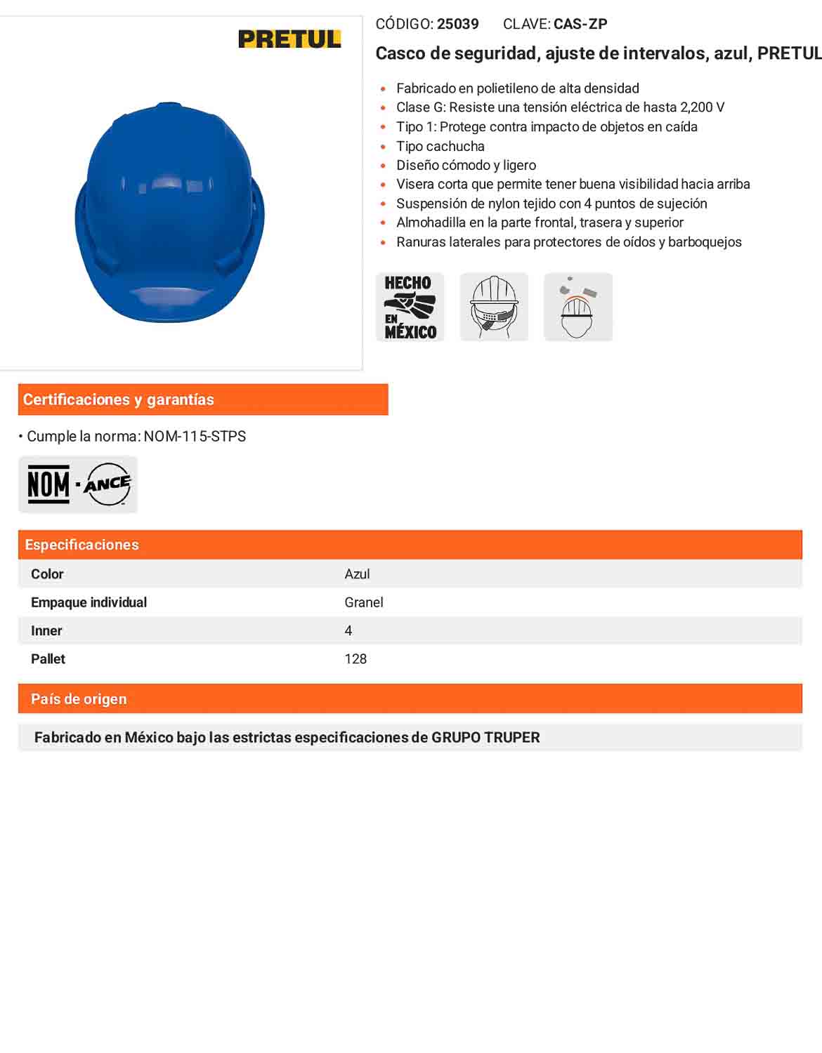 Casco de Seguridad Industrial con Ajuste por Intervalos  Azul
