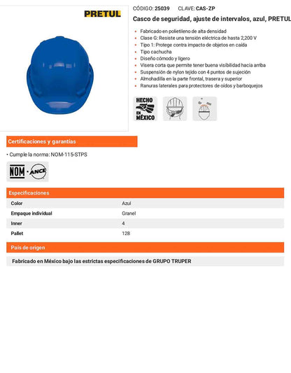 Casco de Seguridad Industrial con Ajuste por Intervalos  Azul