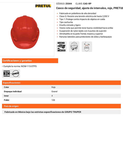 Casco de Seguridad Industrial con Ajuste por Intervalos Rojo
