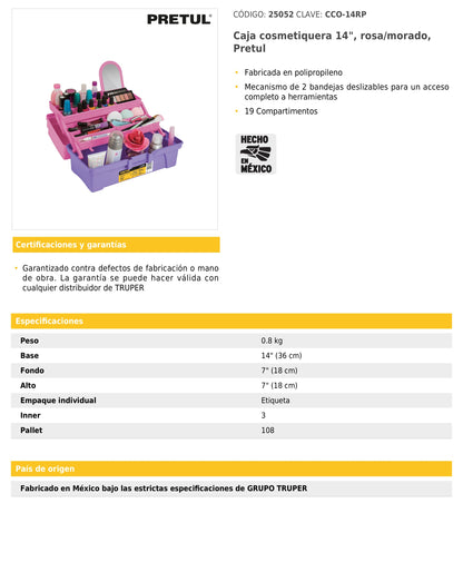 Caja cosmetiquera 14" rosa/morado