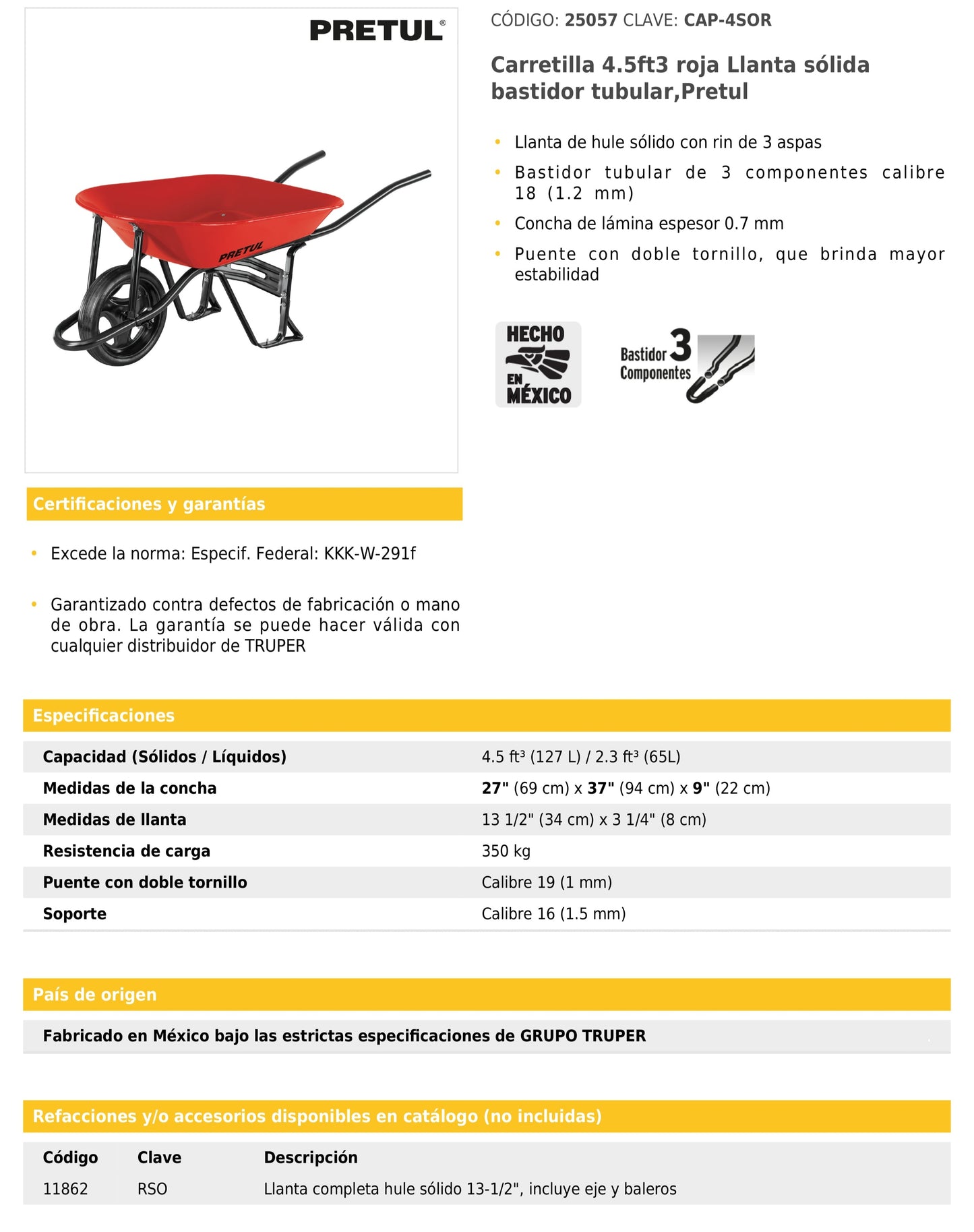 Carretilla 4.5 ft³ llanta sólida roja