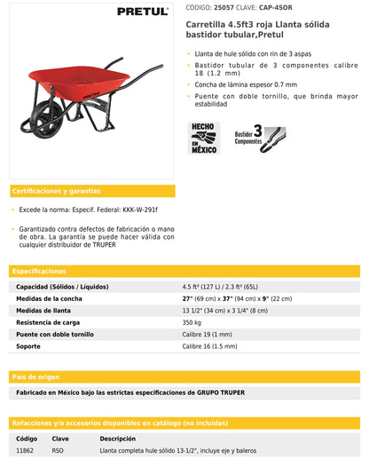 Carretilla 4.5 ft³ llanta sólida roja