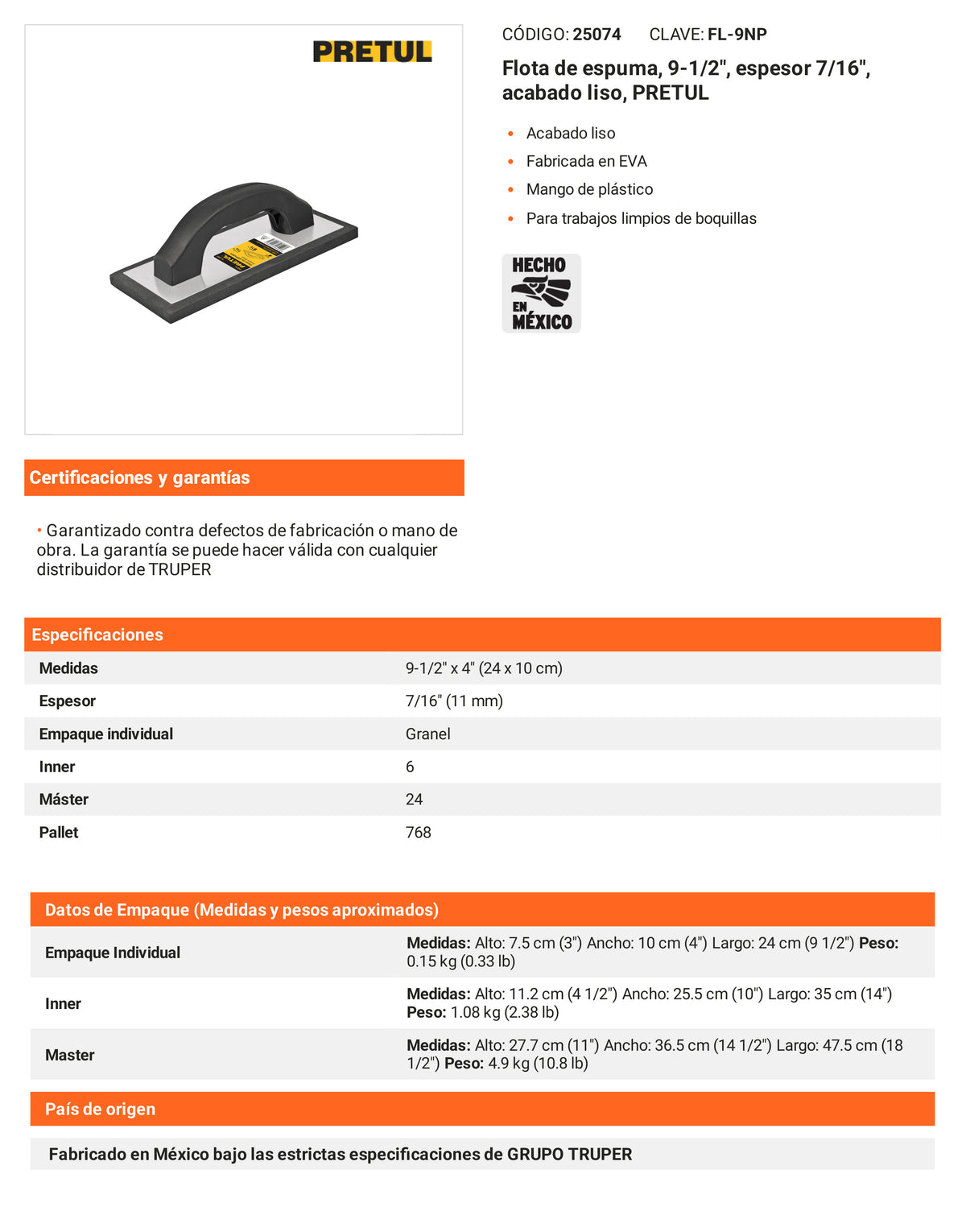 Ficha tecnica - Flota de espuma 9-1/2 pulg espesor 7/16 pulg - SKU 25074
