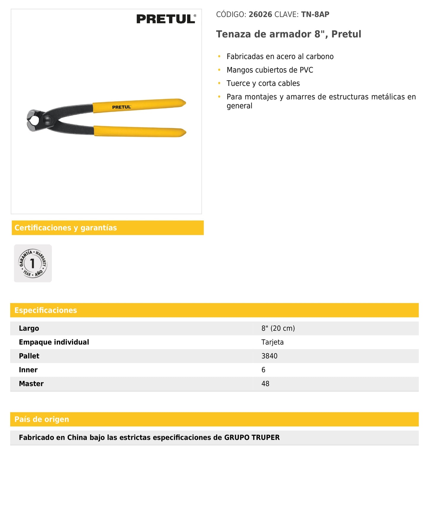 Tenaza de armador 8"