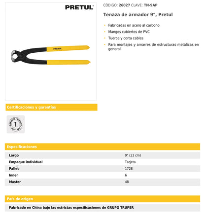 Tenaza de armador 9"