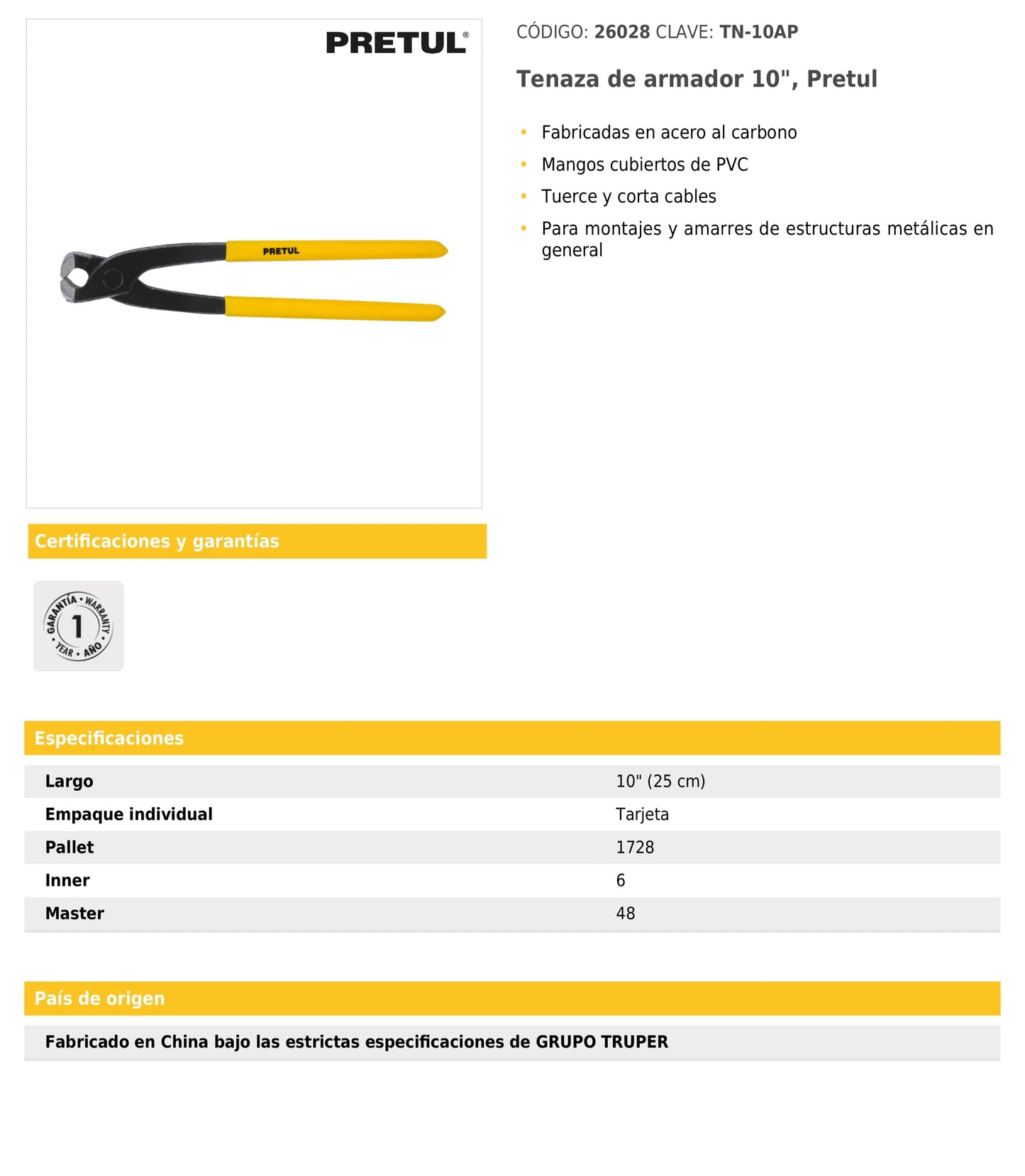 Tenaza de armador 10"