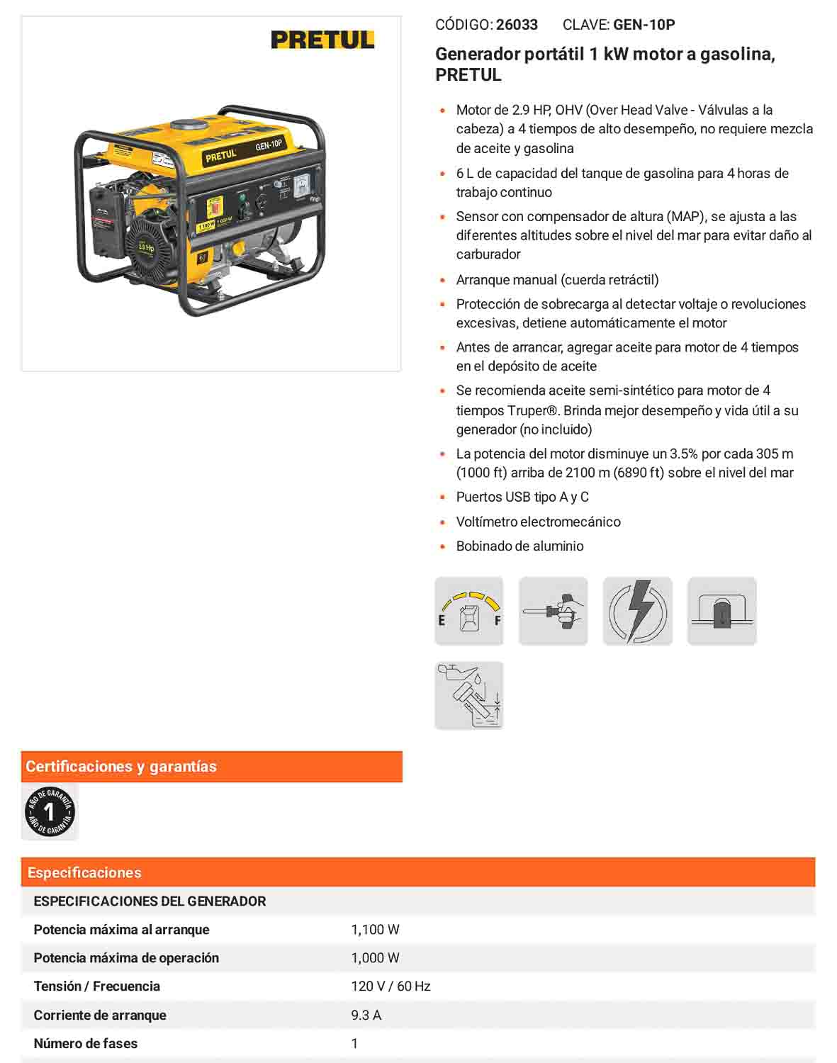 Generador portátil 1 kW a gasolina