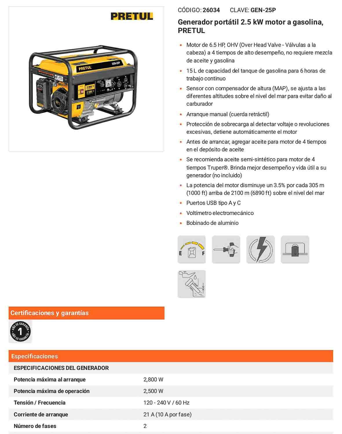 Generador portátil 2.5 kW a gasolina
