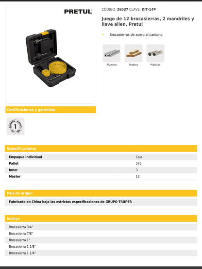 Juego de 14 piezas con brocasierras mandriles y llave allen