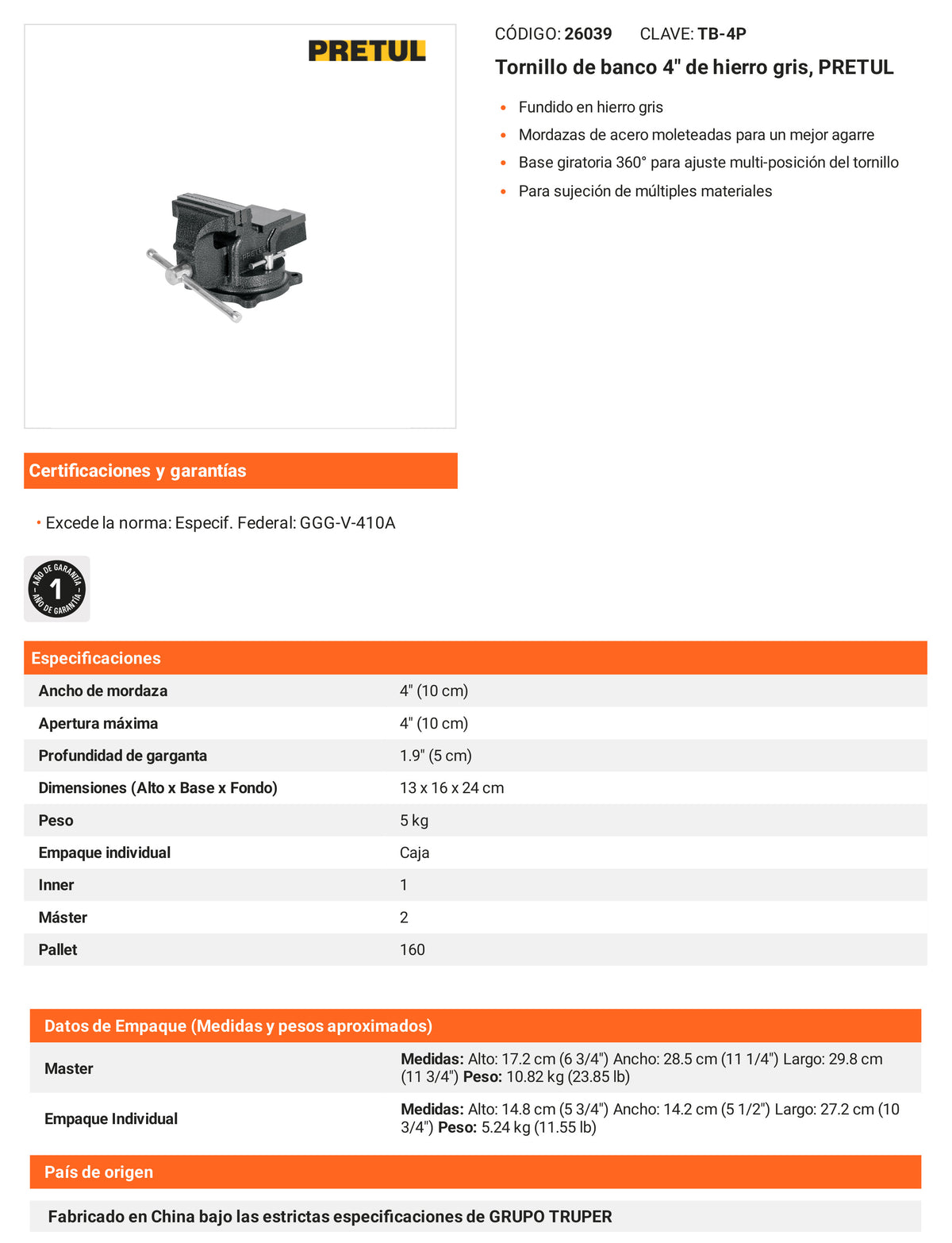 Ficha tecnica - Tornillo de banco 4 pulg de hierro gris - SKU 26039