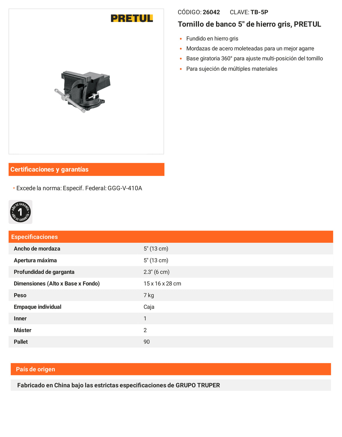 Ficha tecnica - Tornillo de banco 5 pulg de hierro gris - SKU 26042