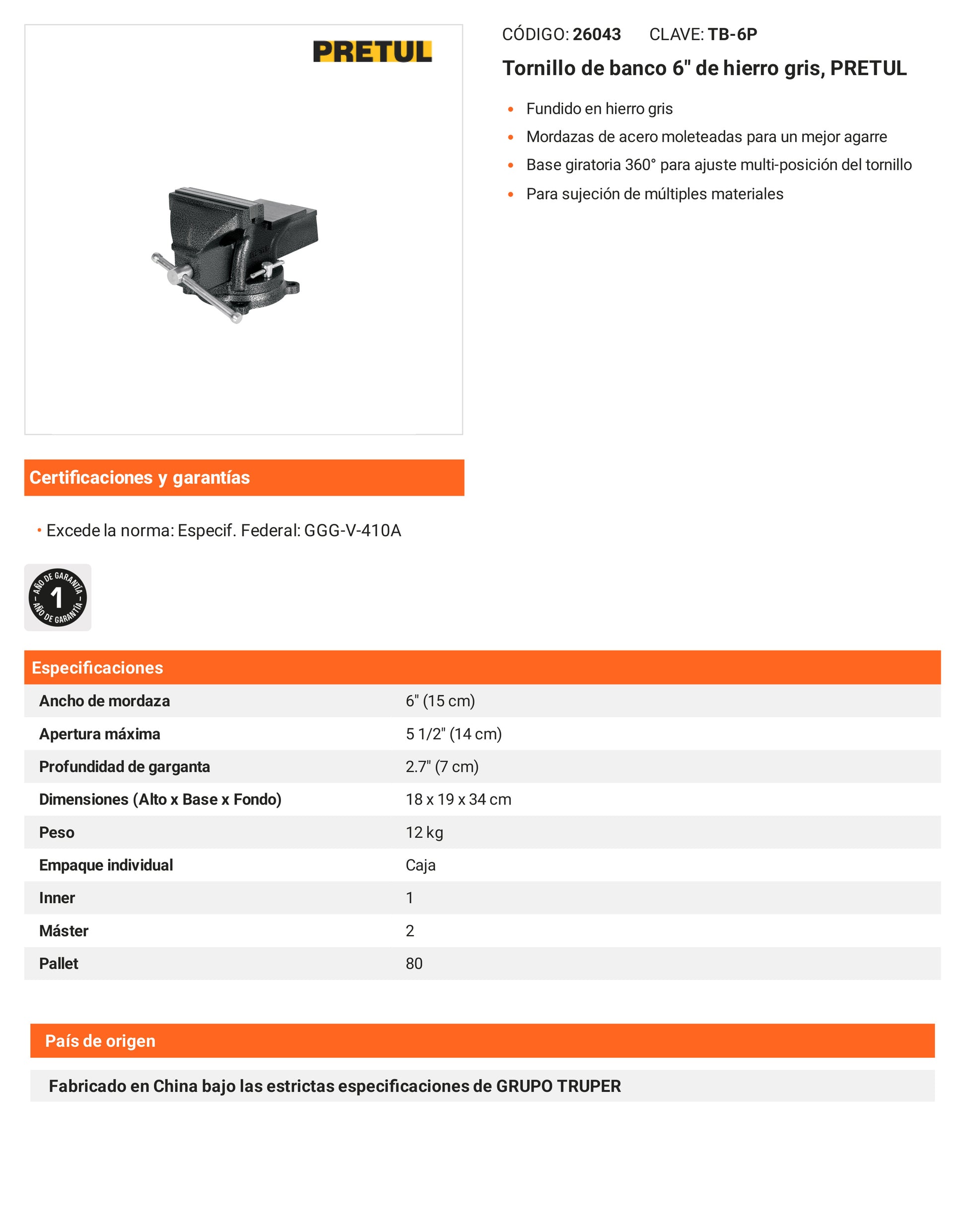 Ficha tecnica - Tornillo de banco 6 pulg de hierro gris - SKU 26043