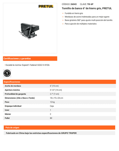 Ficha tecnica - Tornillo de banco 6 pulg de hierro gris - SKU 26043
