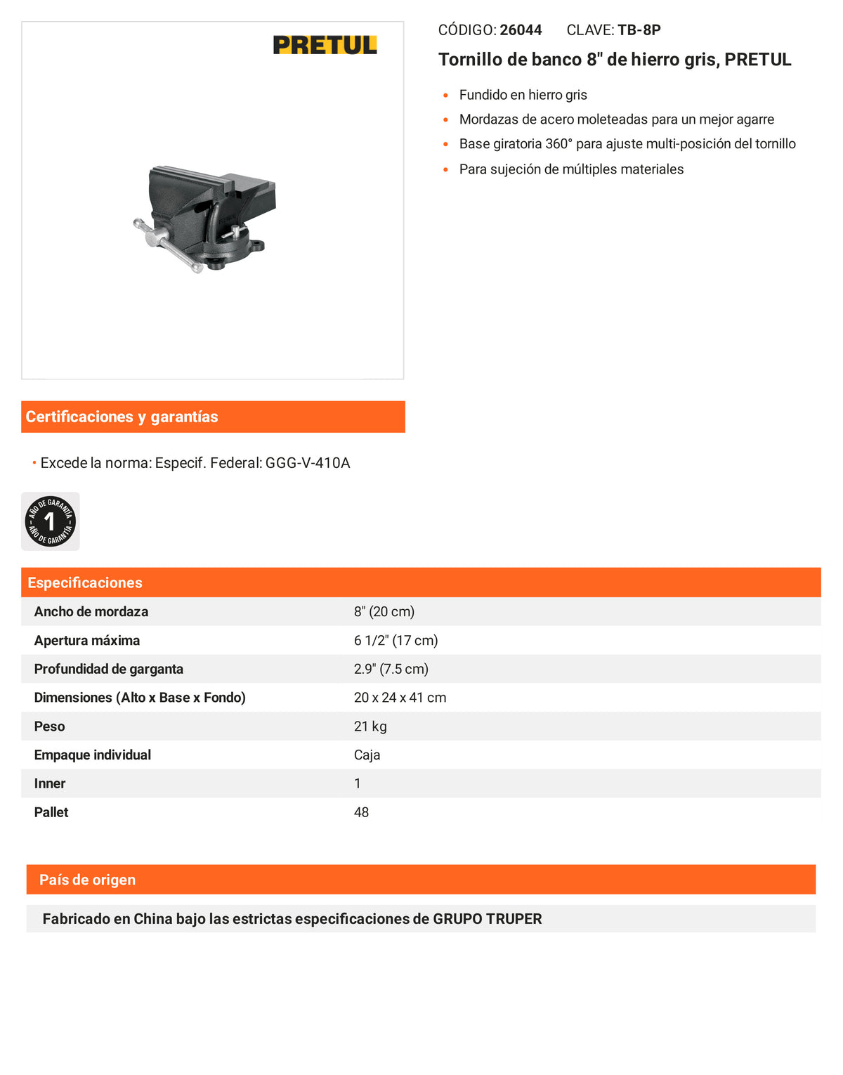 Ficha tecnica - Tornillo de banco 8 pulg de hierro gris - SKU 26044