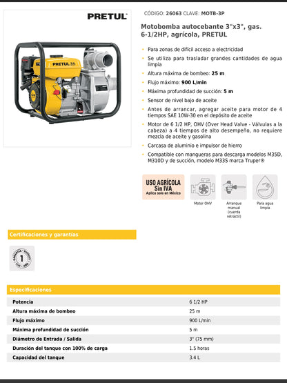 Motobomba autocebante de 6.5 HP a gasolina para uso agrícola
