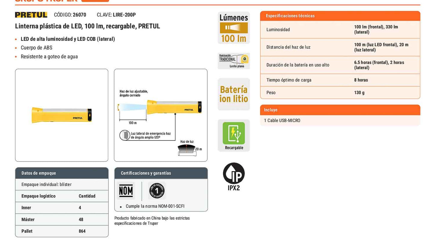 Linterna plástica LED 100 lm recargable