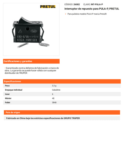 Ficha tecnica - Interruptor para PULA-P - SKU 26082