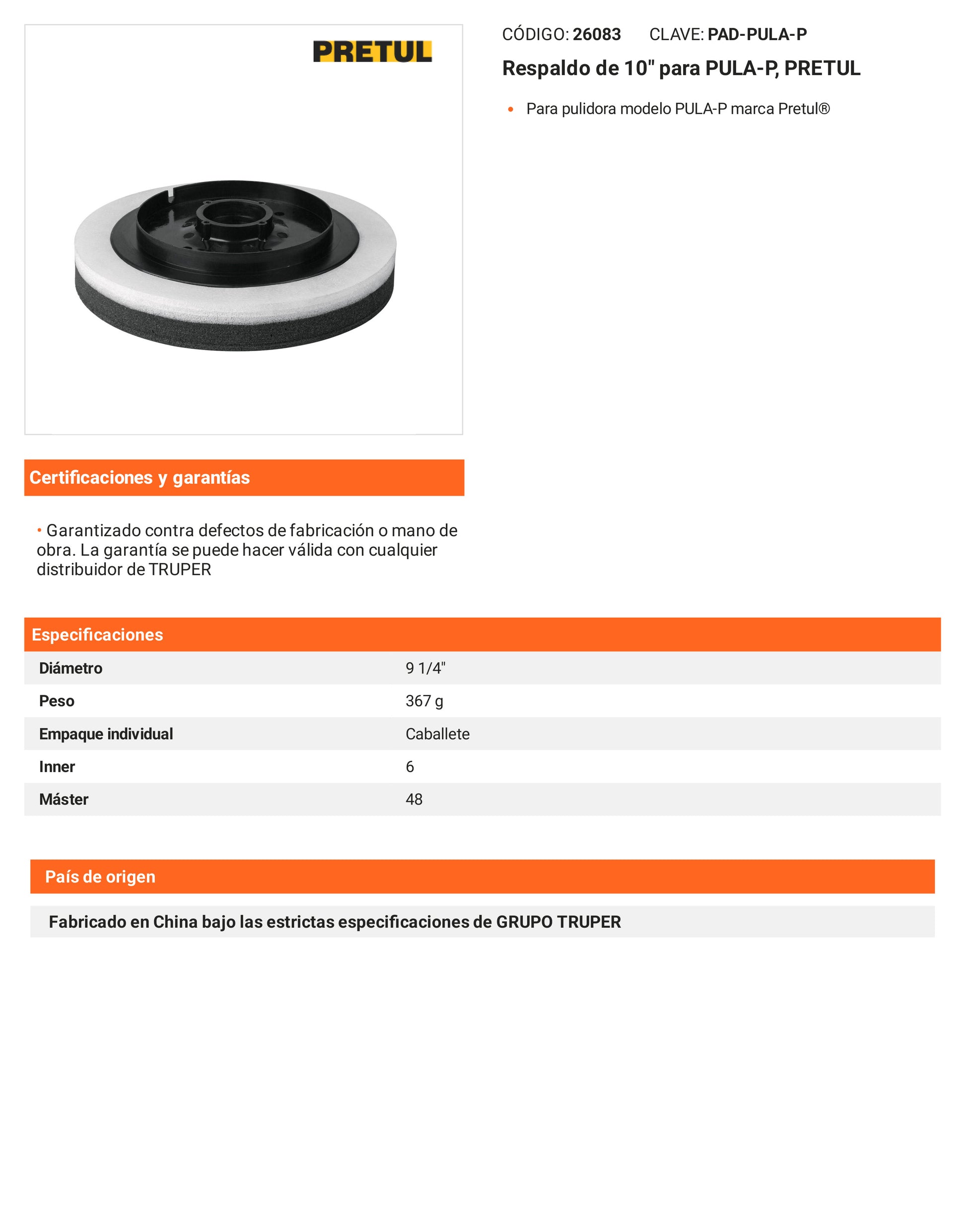 Ficha tecnica - Respaldo de 10 pulg para PULA-P - SKU 26083