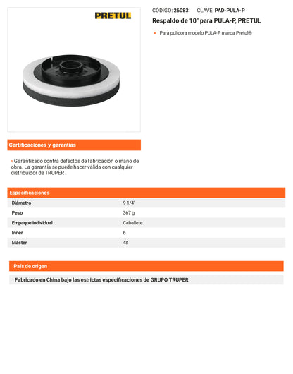 Ficha tecnica - Respaldo de 10 pulg para PULA-P - SKU 26083