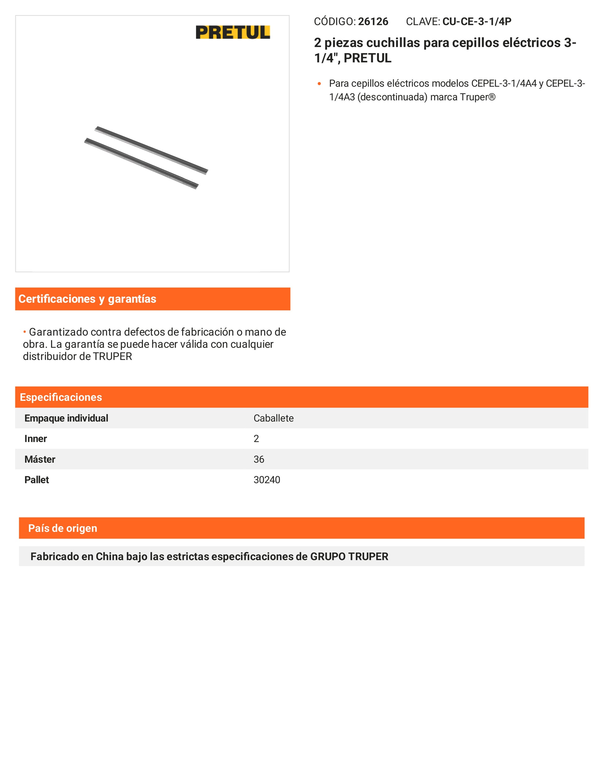 Ficha tecnica - 2 piezas cuchillas para cepillos 3-1/4 pulg - SKU 26126