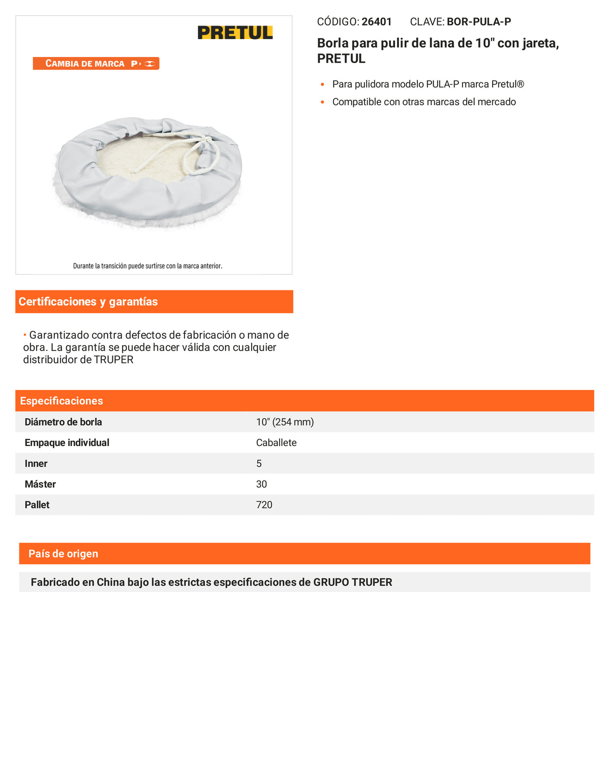 Ficha tecnica - Borla para pulir de lana de 10 pulg - SKU 26401