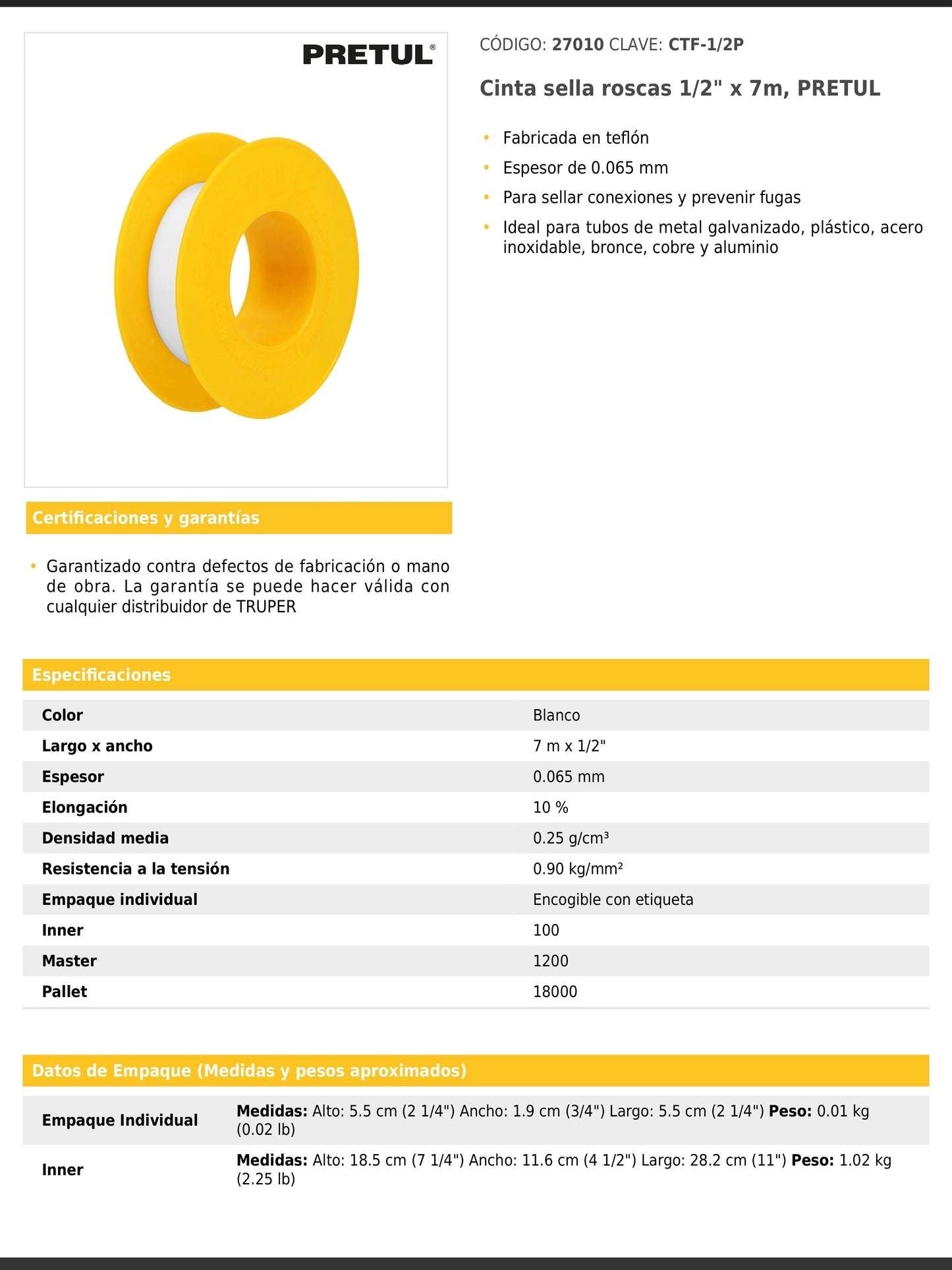 Cinta sella roscas de 1/2" x 7 m