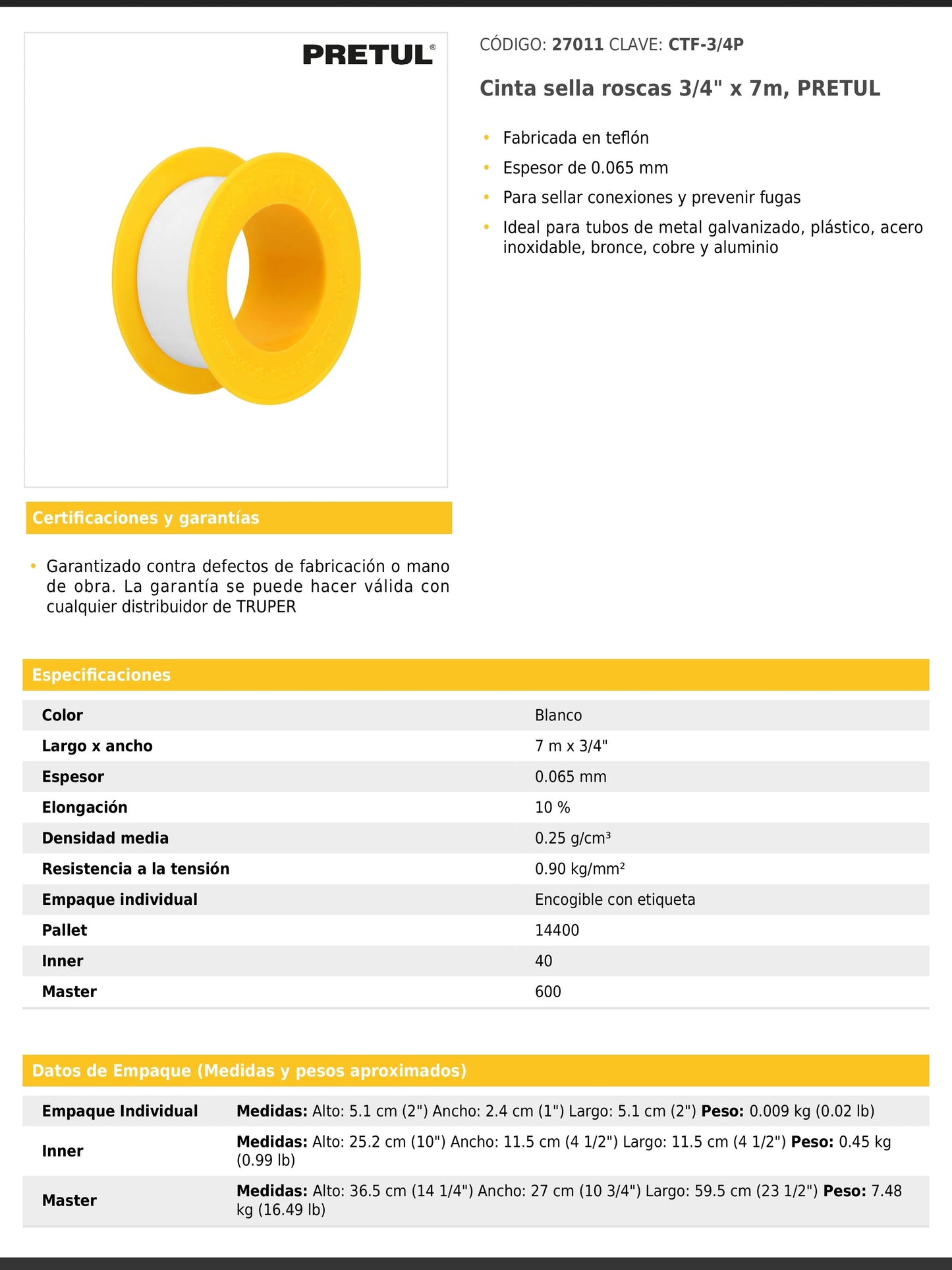 Cinta sella roscas de 3/4" x 7 m