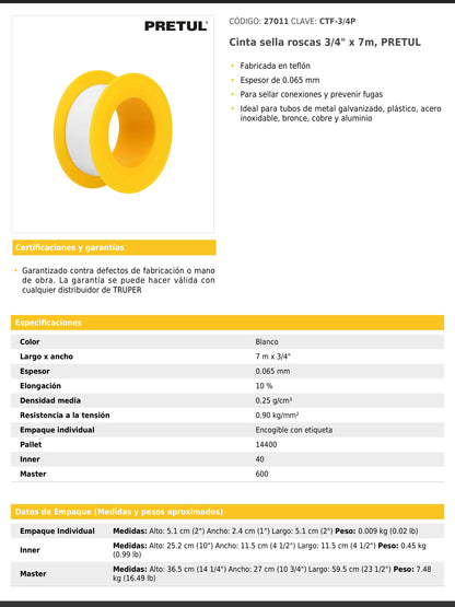 Cinta sella roscas de 3/4" x 7 m