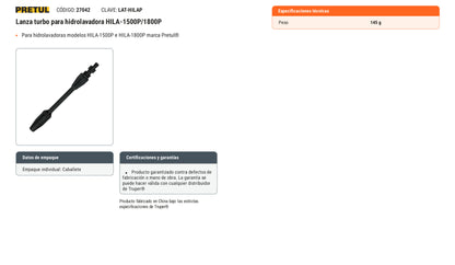 Ficha tecnica - Lanza turbo para hidrolavadora HILA-1500P/1800P - SKU 27042