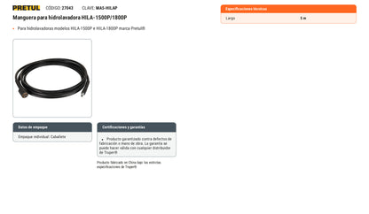 Ficha tecnica - Manguera para hidrolavadora HILA-1500P/1800P - SKU 27043