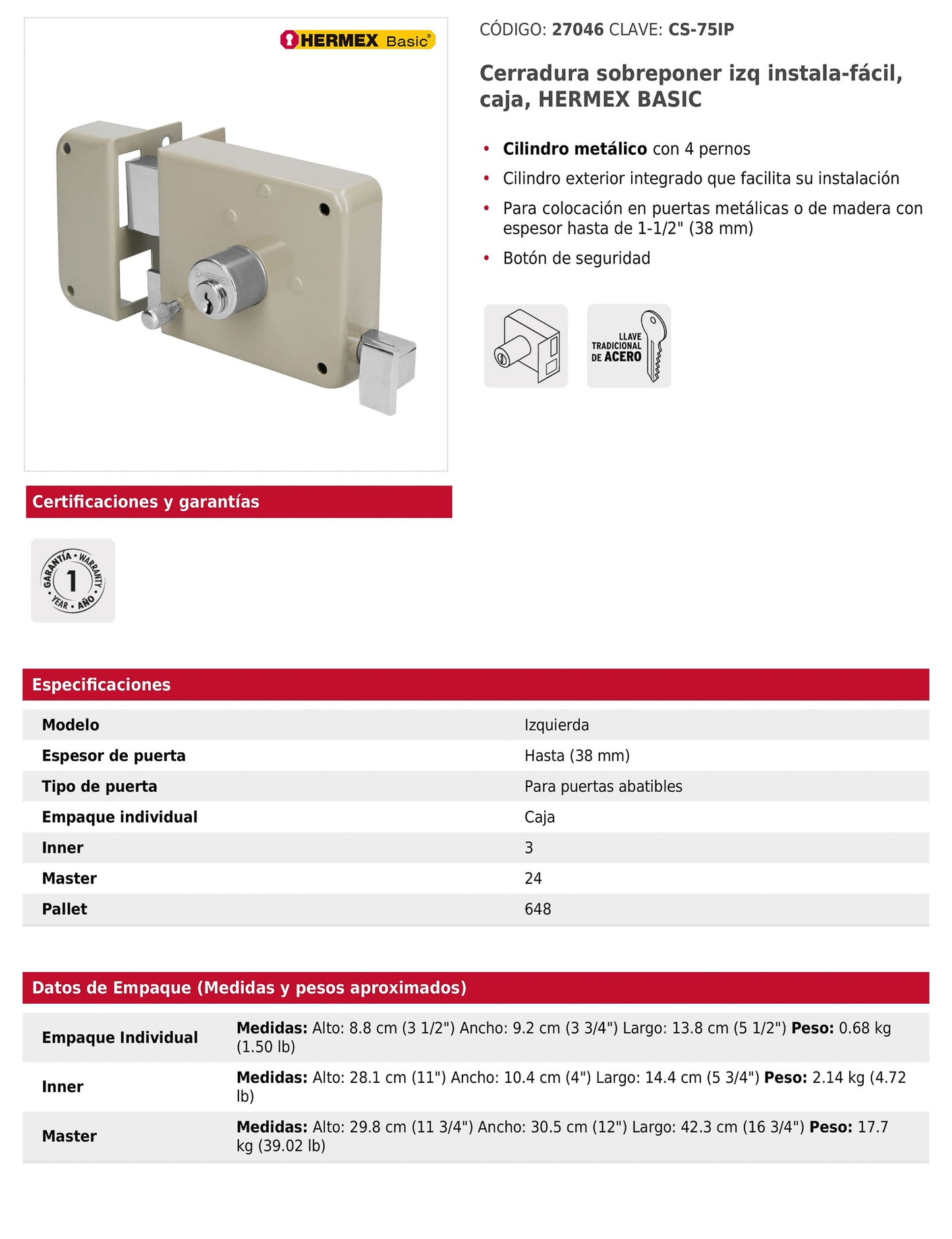 Cerradura de sobreponer instala fácil izquierda para puerta abatible