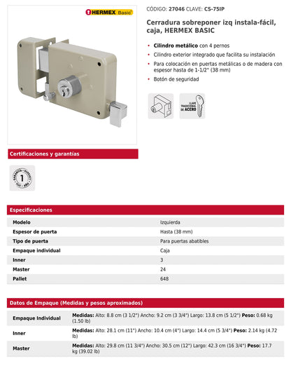 Cerradura de sobreponer instala fácil izquierda para puerta abatible