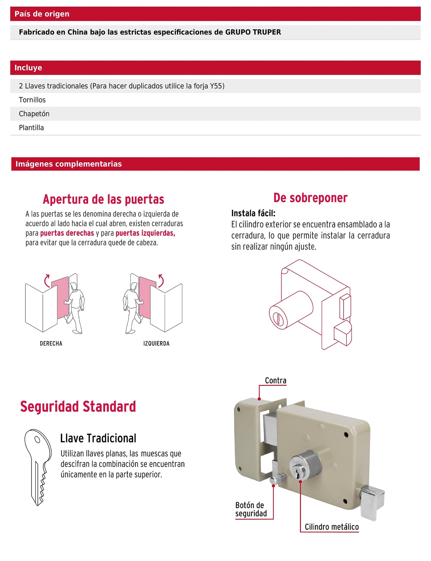 Cerradura de sobreponer instala fácil izquierda para puerta abatible