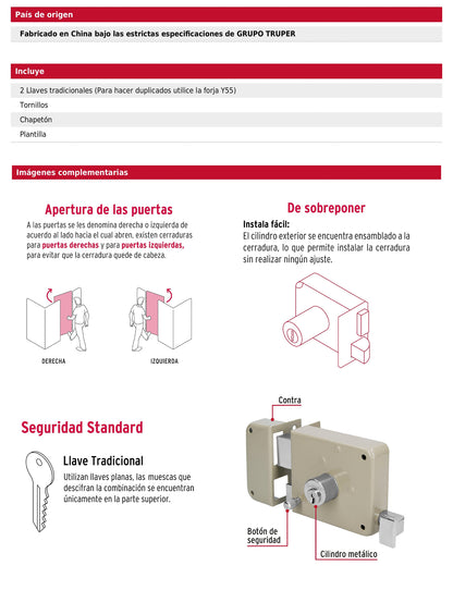 Cerradura de sobreponer instala fácil izquierda para puerta abatible