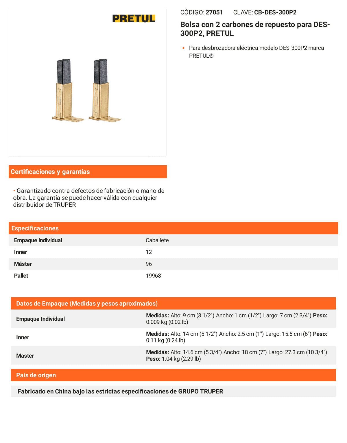 Ficha tecnica - 2 carbones para DES-300P2 - SKU 27051