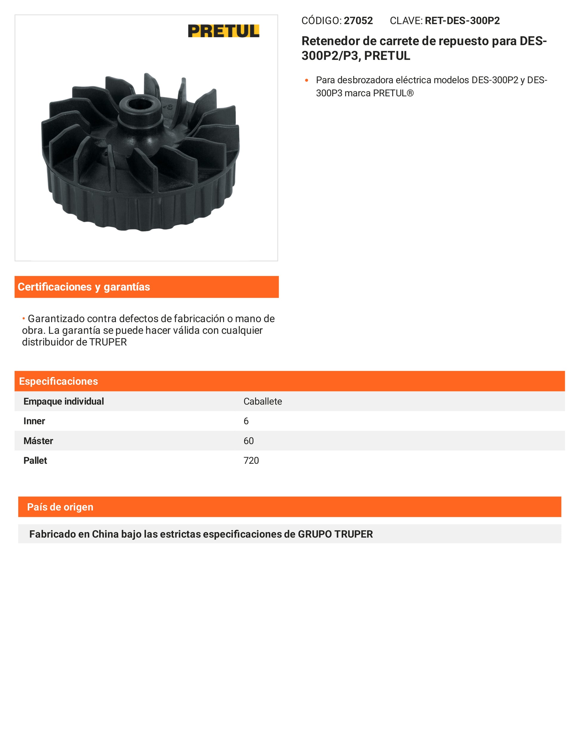 Ficha tecnica - Retenedor de carrete para DES-300P2/P3 - SKU 27052