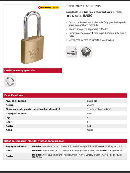 Candado de hierro de 25 mm con gancho largo