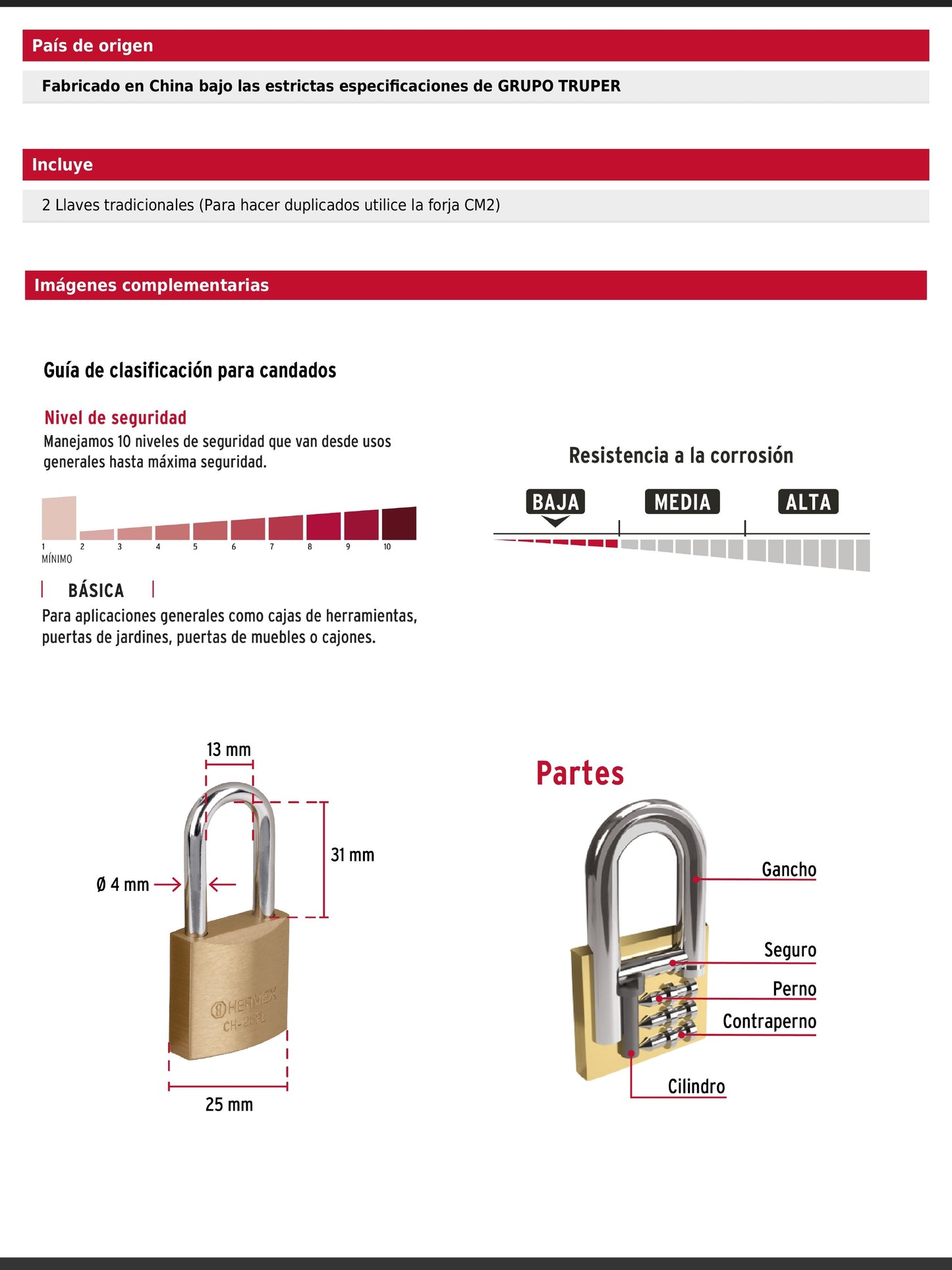Candado de hierro de 25 mm con gancho largo