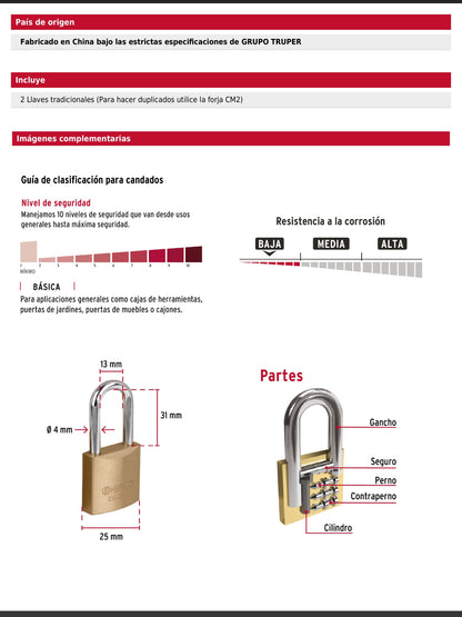 Candado de hierro de 25 mm con gancho largo