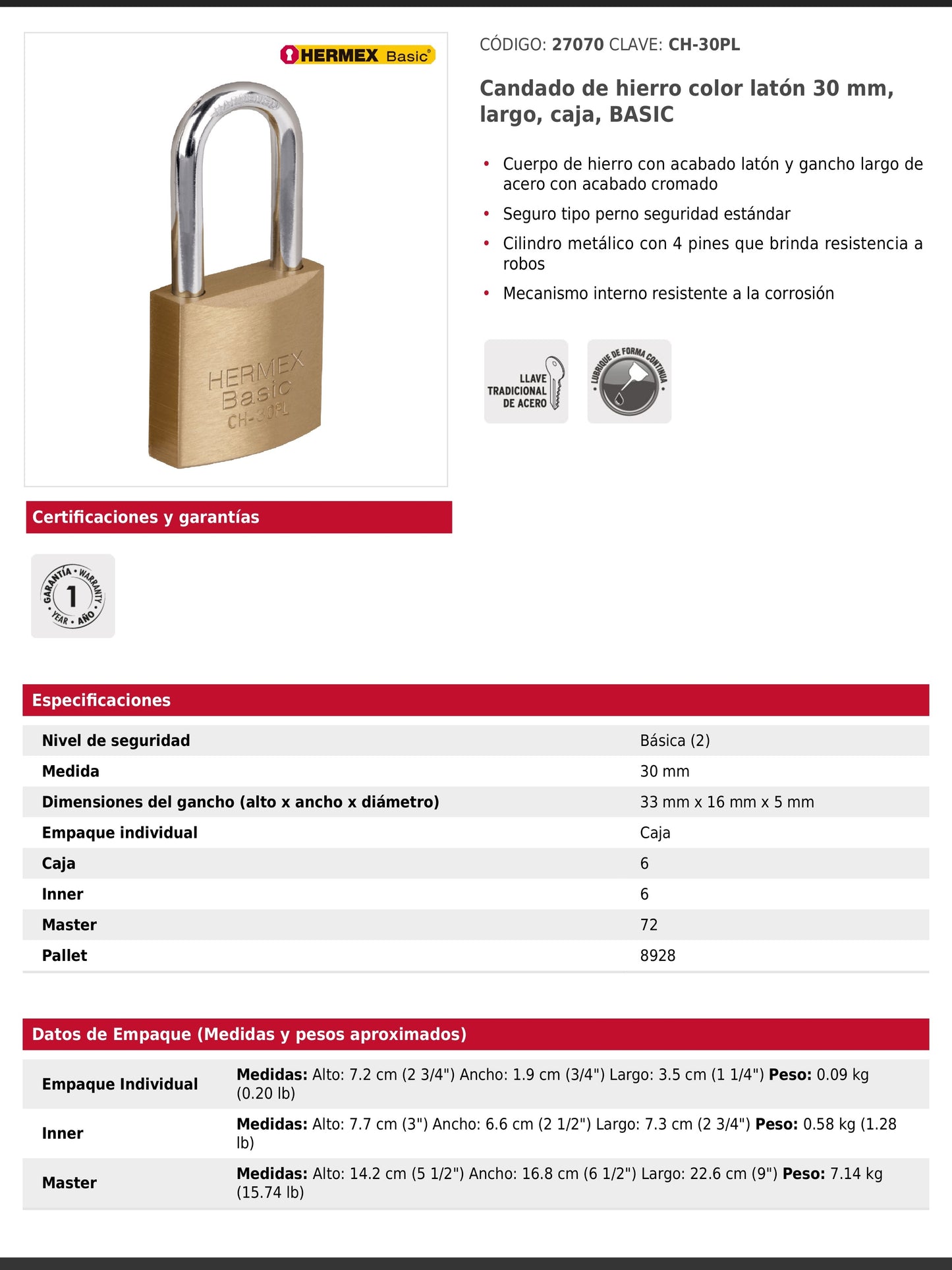 Candado de hierro de 30 mm con gancho largo