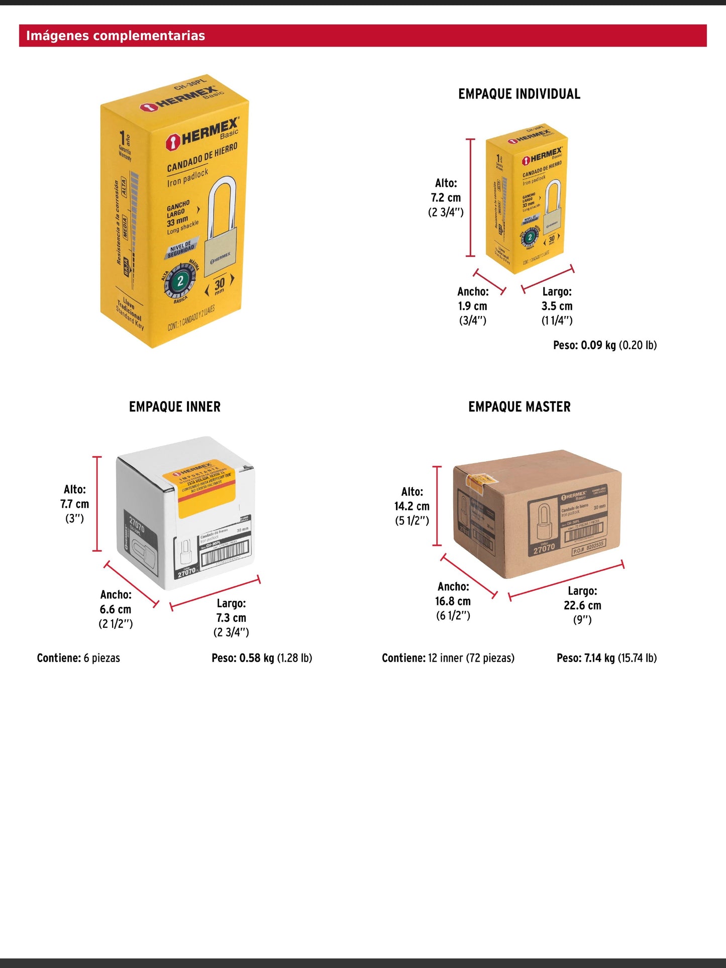 Candado de hierro de 30 mm con gancho largo