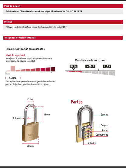 Candado de hierro de 40 mm con gancho largo