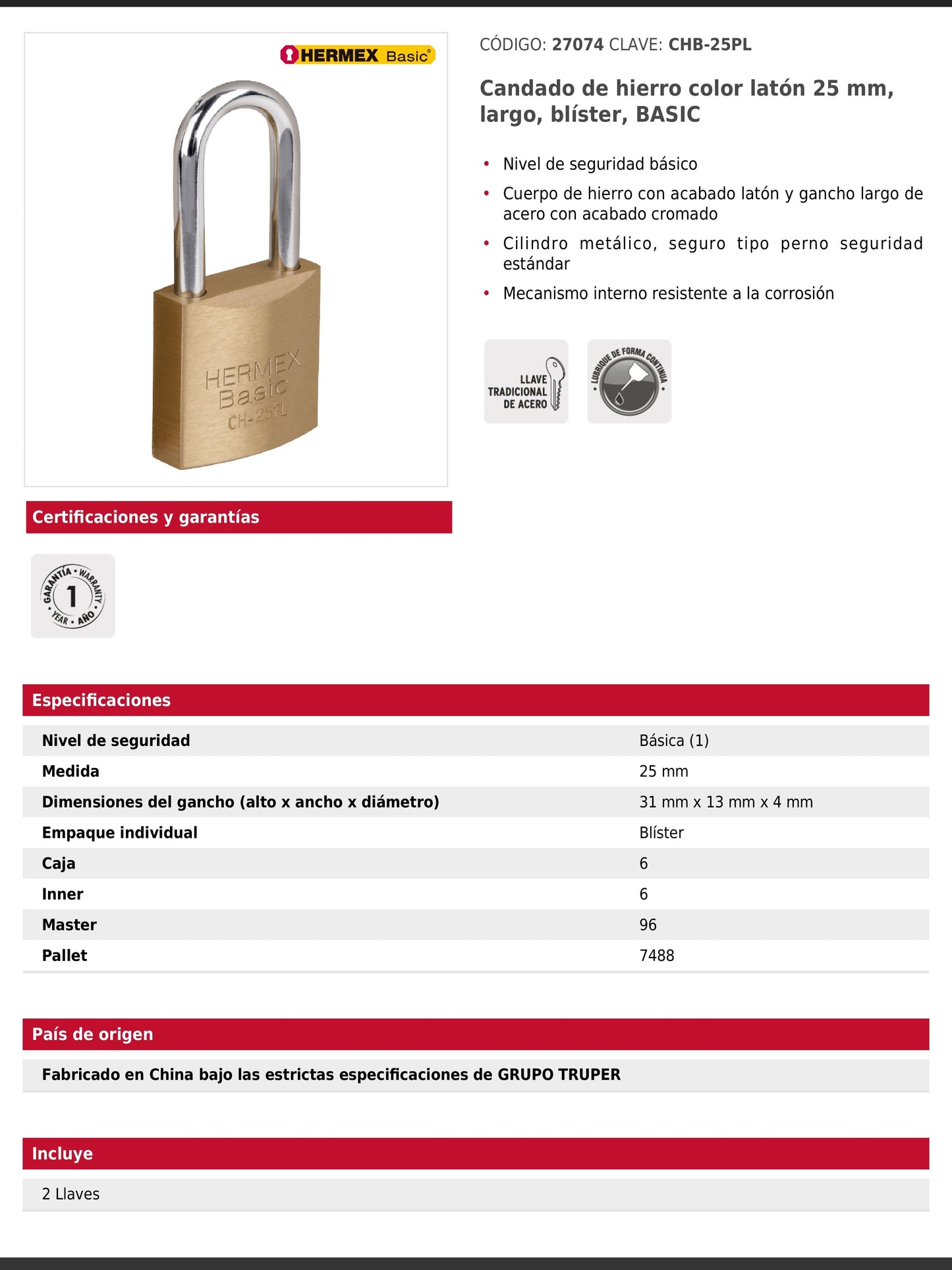 Candado de hierro de 25 mm con gancho largo