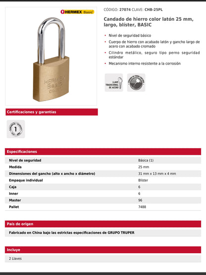 Candado de hierro de 25 mm con gancho largo