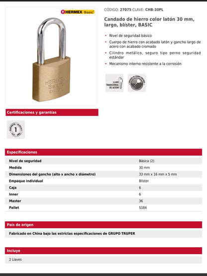 Candado de hierro latón de 30 mm largo