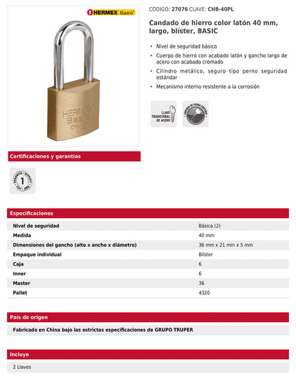 Candado de hierro color latón 40 mm largo