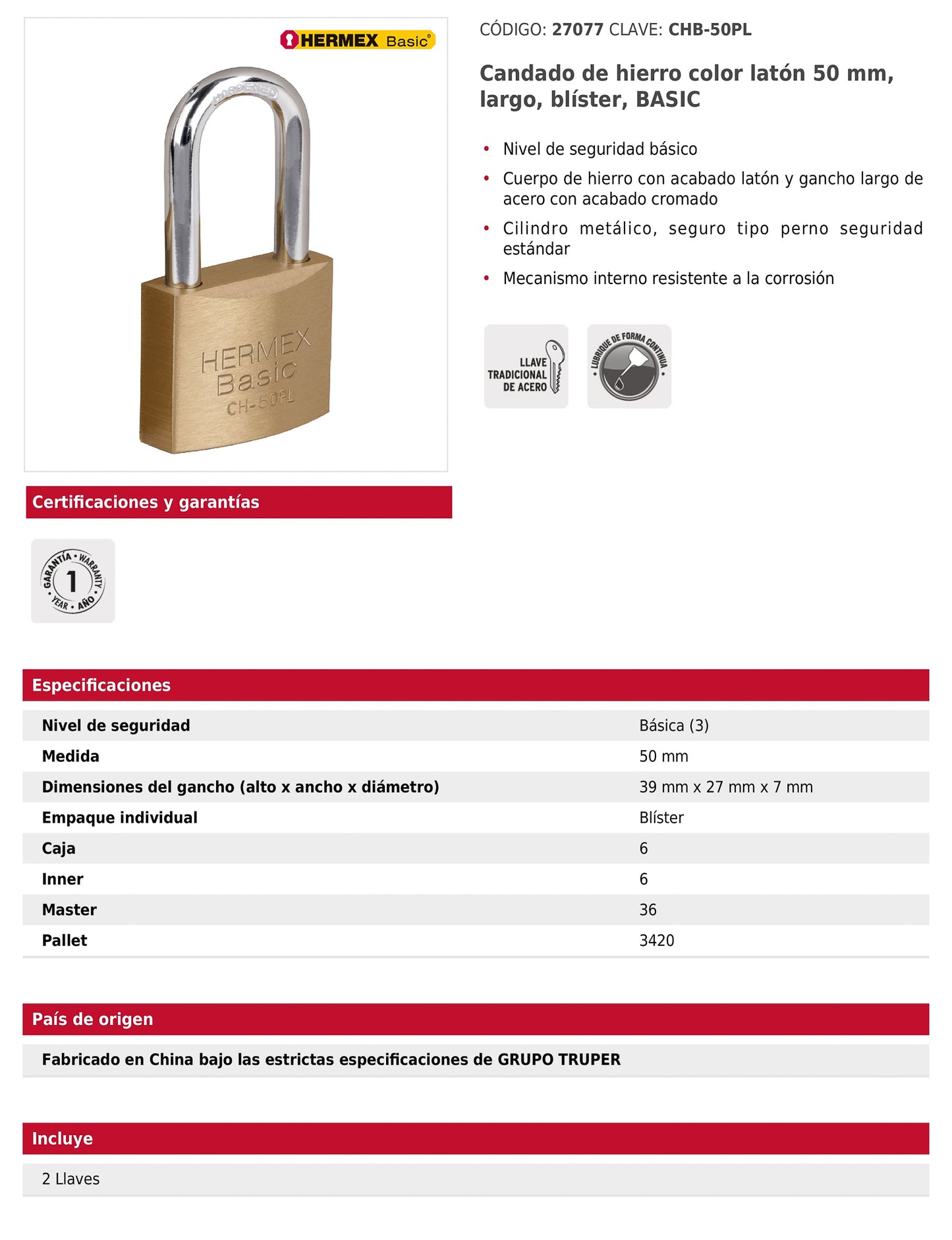 Candado de hierro color latón 50 mm largo