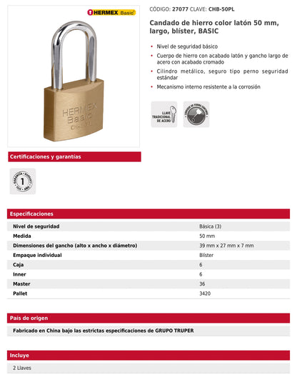 Candado de hierro color latón 50 mm largo